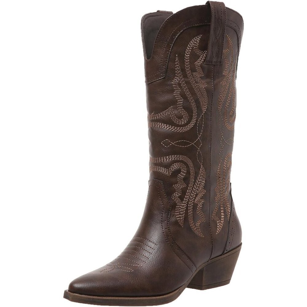 Women Dark Brown Pointed Toe Chunky Block Heel Cowgirl Mid Calf Western Booties